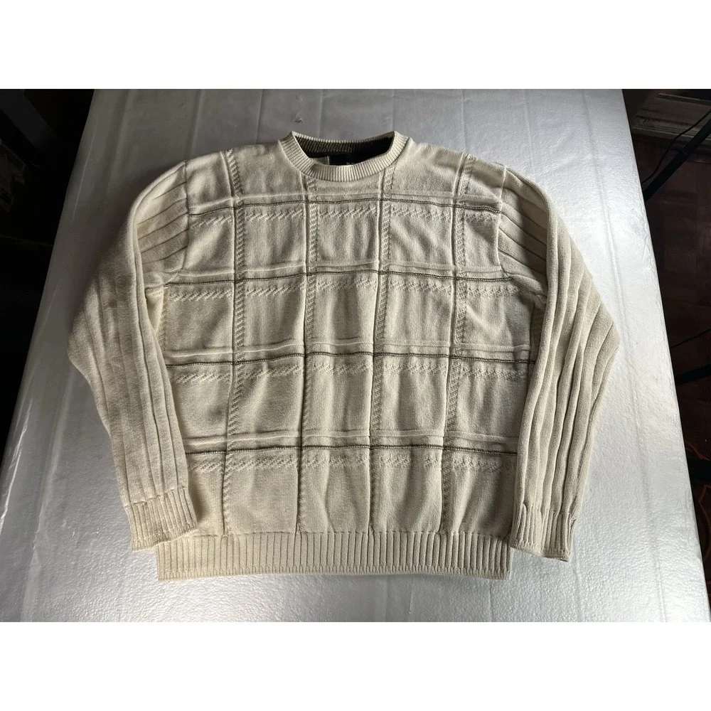Bill Blass long sleeve cream gray black striped crewneck knit‎ sweater men's XXL